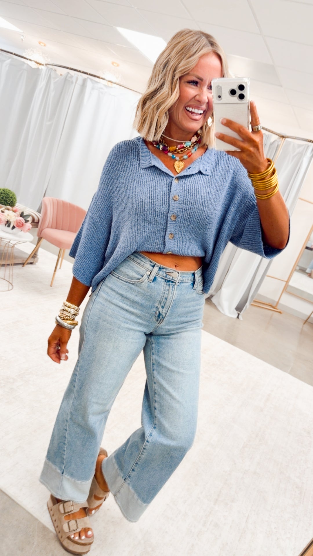 The Brandi Button Down Cardigan-Dusty Blue