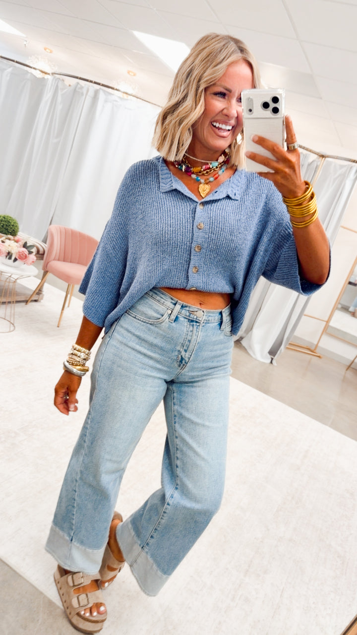 The Brandi Button Down Cardigan-Dusty Blue