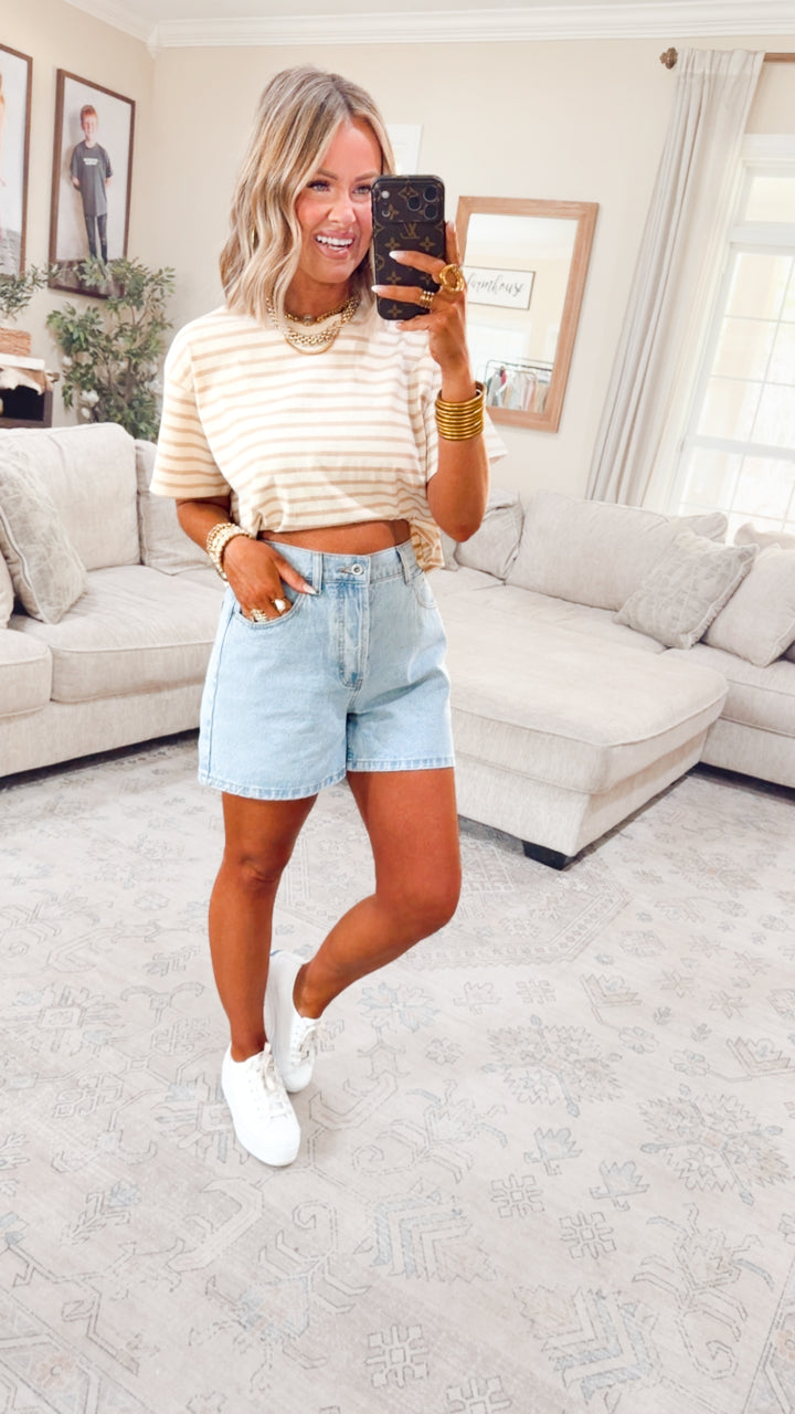 The Essential Cropped Stripe Tee-Taupe