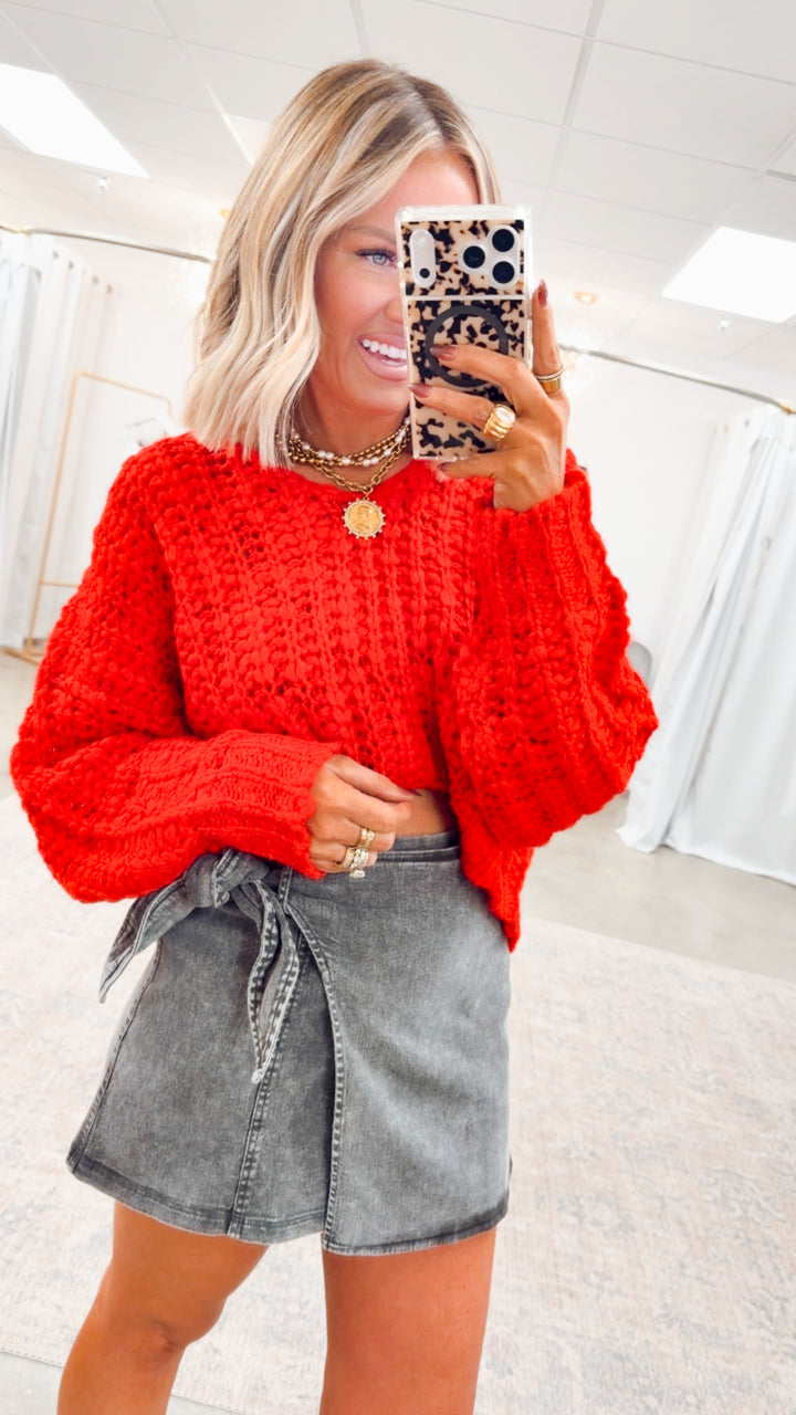 Poppy Cropped Sweater-Red