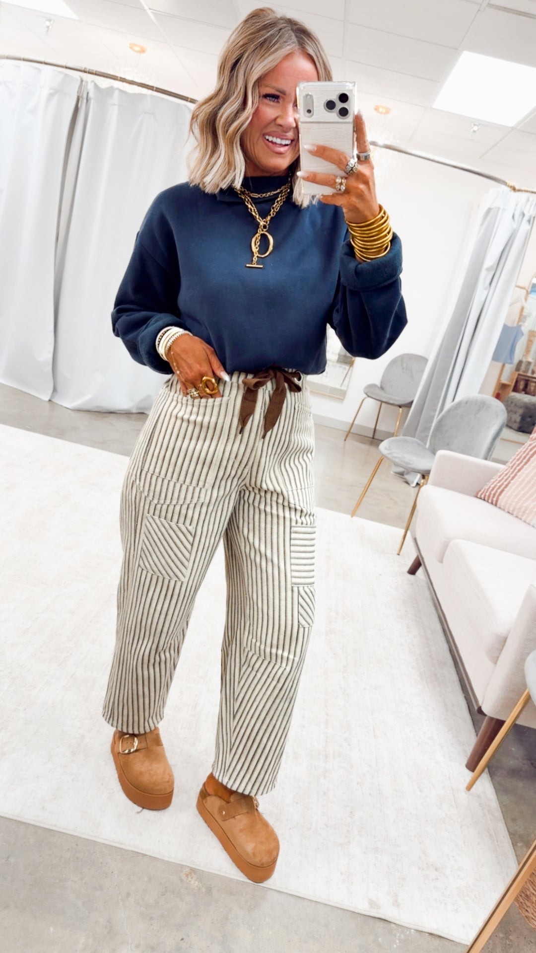 The Brighton Stripe Pants-Oatmeal/Navy