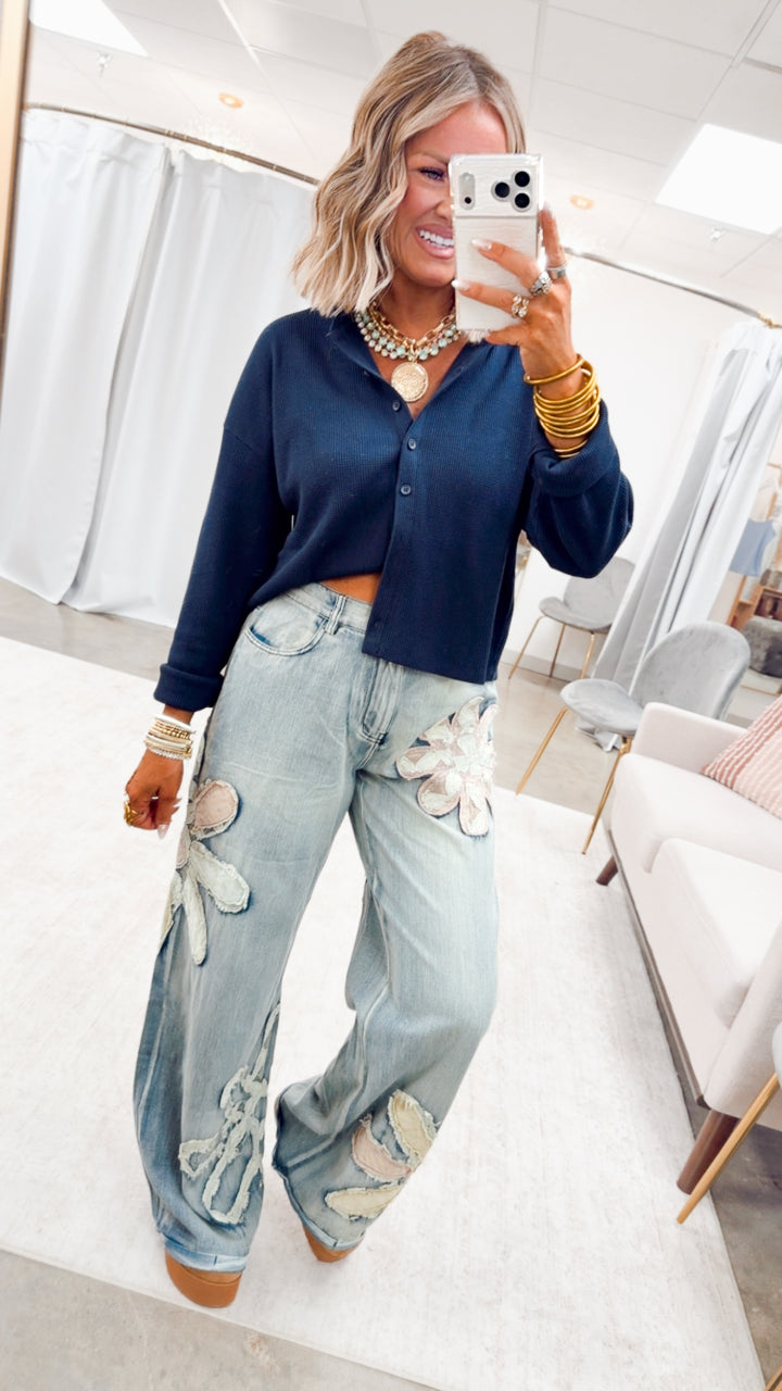 Waffle Daze Cardigan Top-Navy
