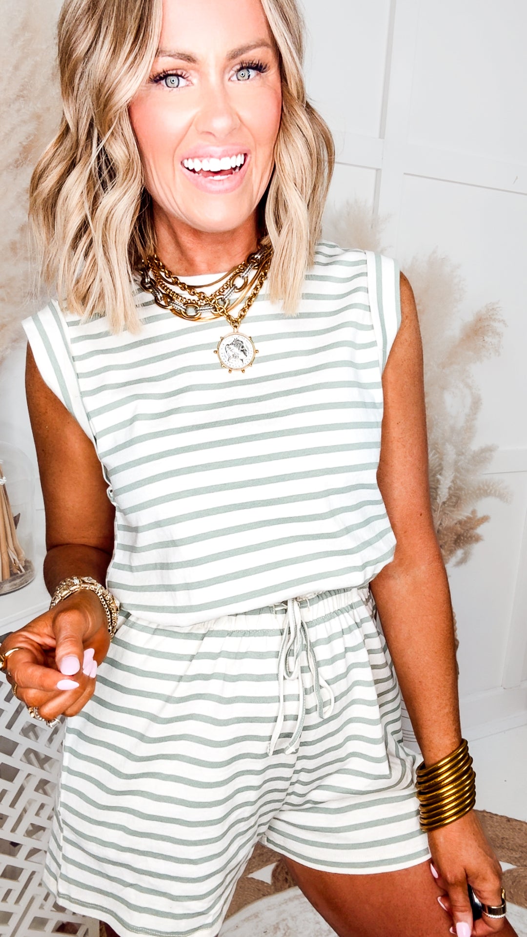 The Sadie Stripe Romper-Sage Green