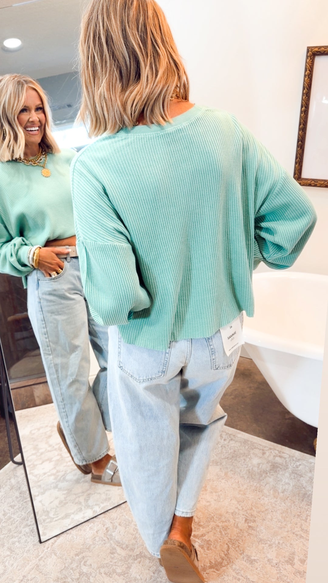 Mineral Washed Waffle Long Sleeve Top-Emerald
