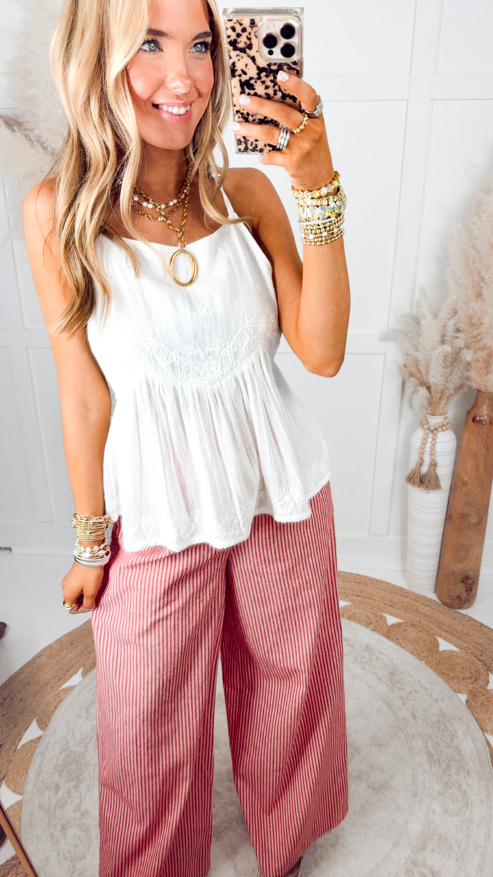 Floral Embroidered Cami Top-White