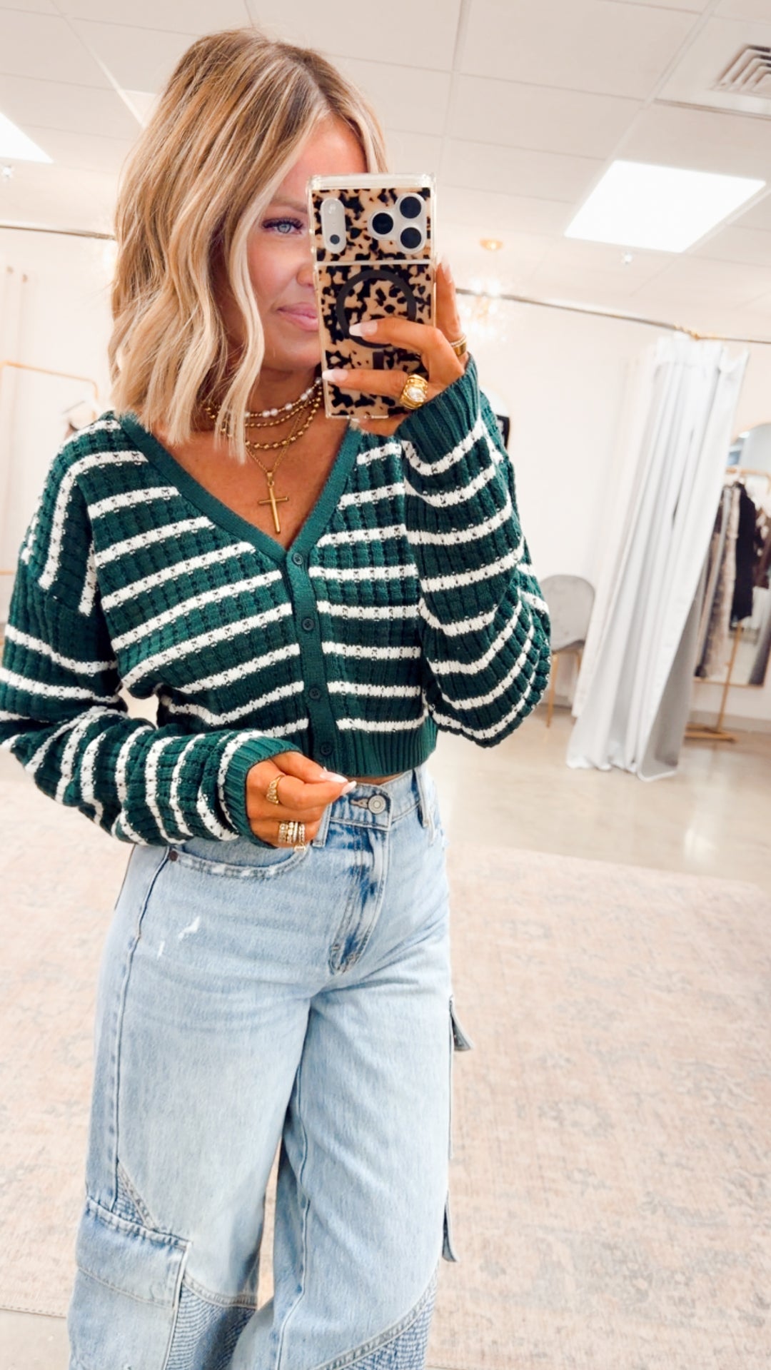 Harbor Striped Cardigan Top-Green/White
