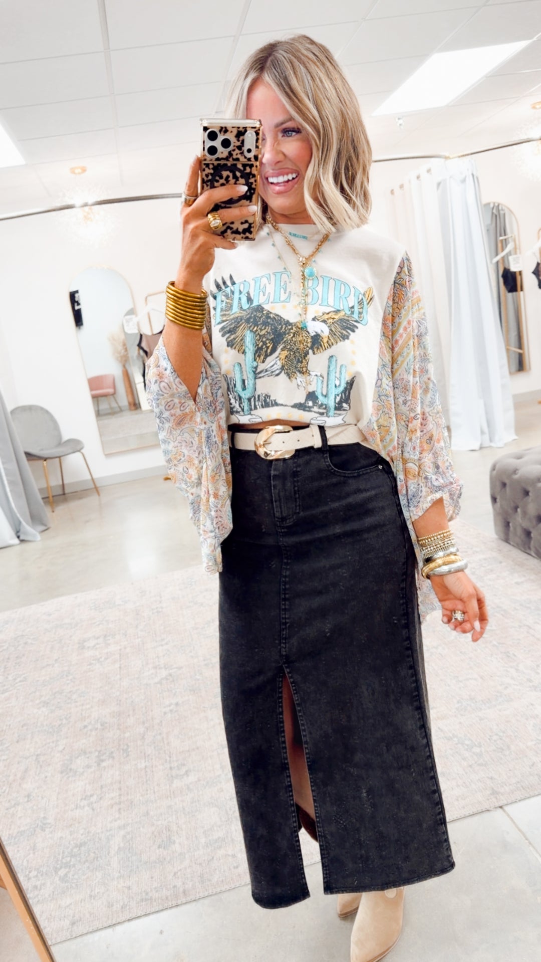 Free Bird Scarf Print Kantha Top-Bone