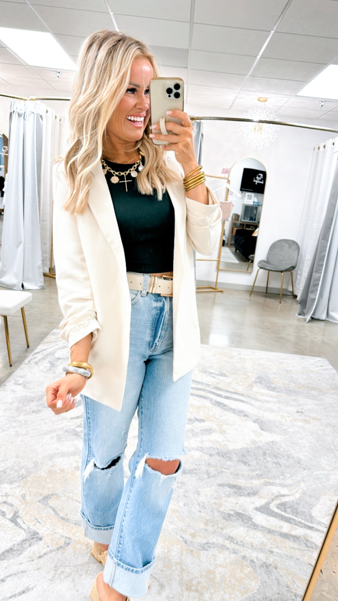 The Modern Ruched Sleeve Blazer-Cream - Main Image