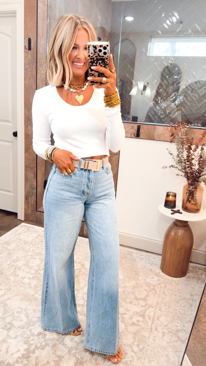 Classic Long Sleeve Scoop Neck Top-White