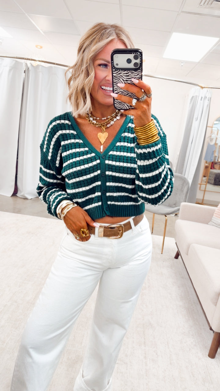 Harbor Striped Cardigan Top-Green/White