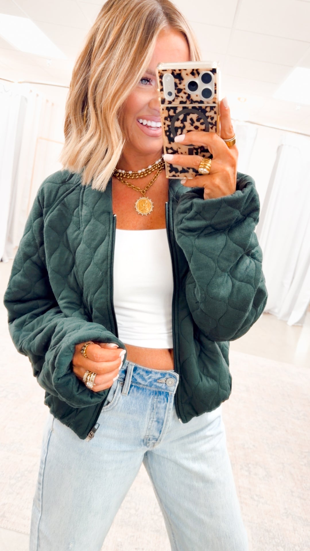 Naomi Quilted Bomber Jacket-Green
