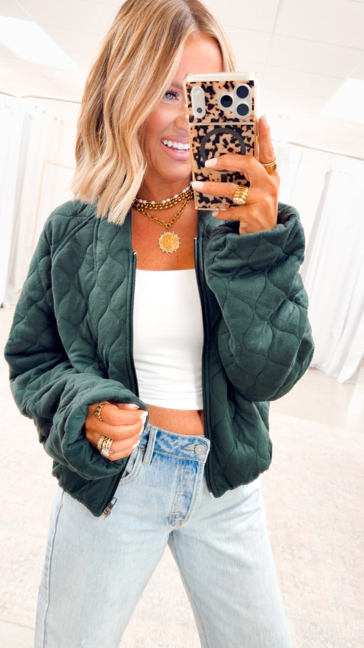 Naomi Quilted Bomber Jacket-Green