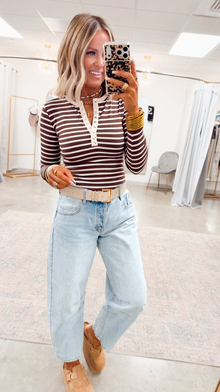 Henley Snap Button Top-Chocolate