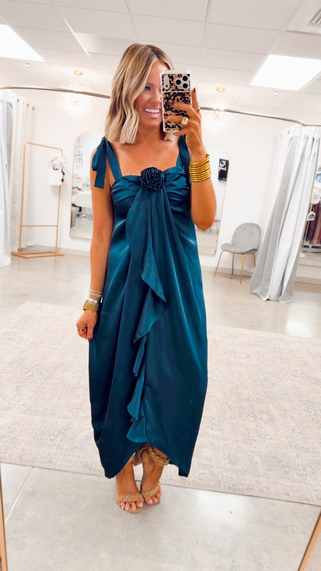 Amara Cascading Ruffle Dress-Teal Green