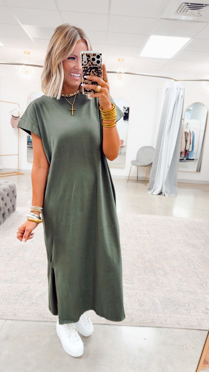 The Brynn Cotton Midi Dress- Olive