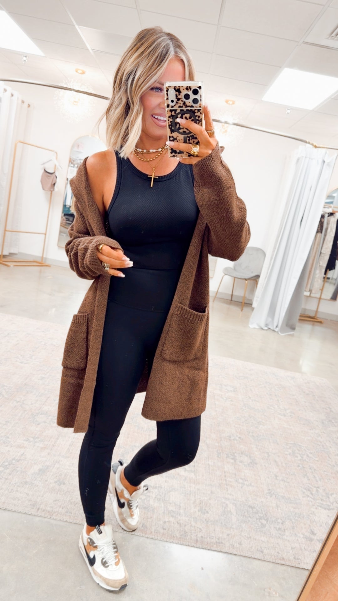 Hooded Open Front Sweater Cardigan-Brown