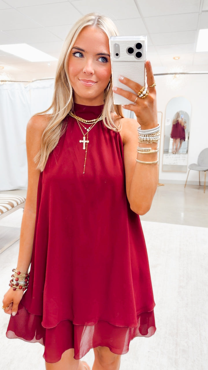 The Lollie Ruffle Hem Mini Dress-Maroon