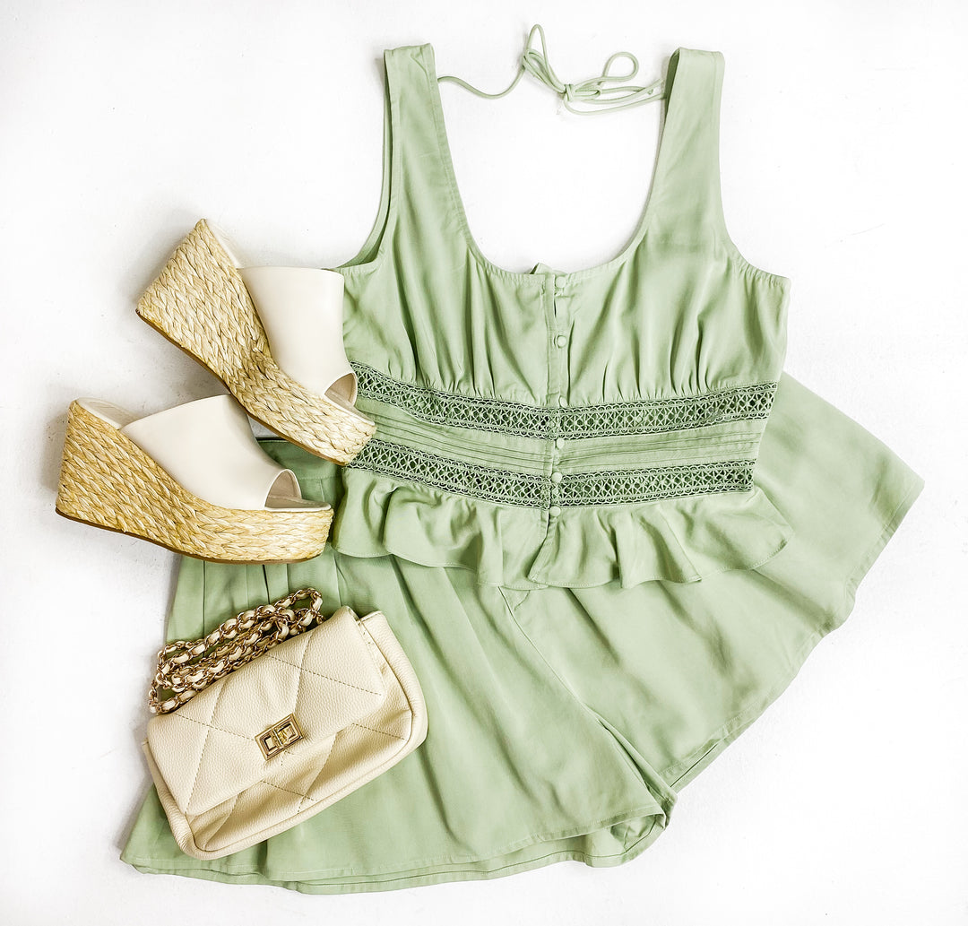 Elegant Button Down Tank & Lace Trim Shorts Set