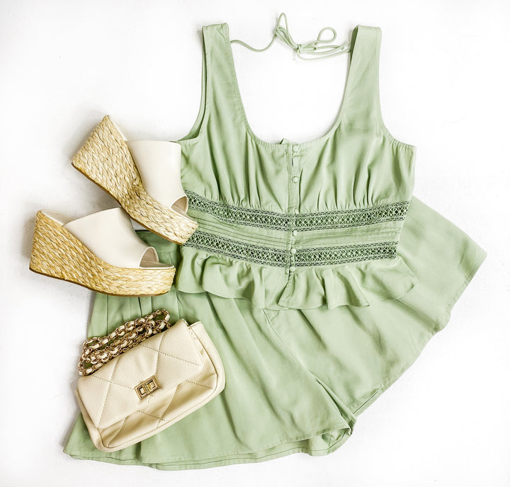 Elegant Button Down Tank & Lace Trim Shorts Set