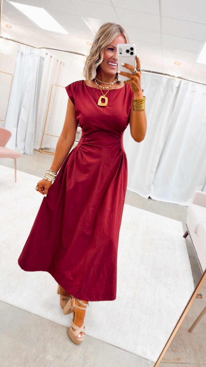 Marigold Ruched Midi Dress-Wine