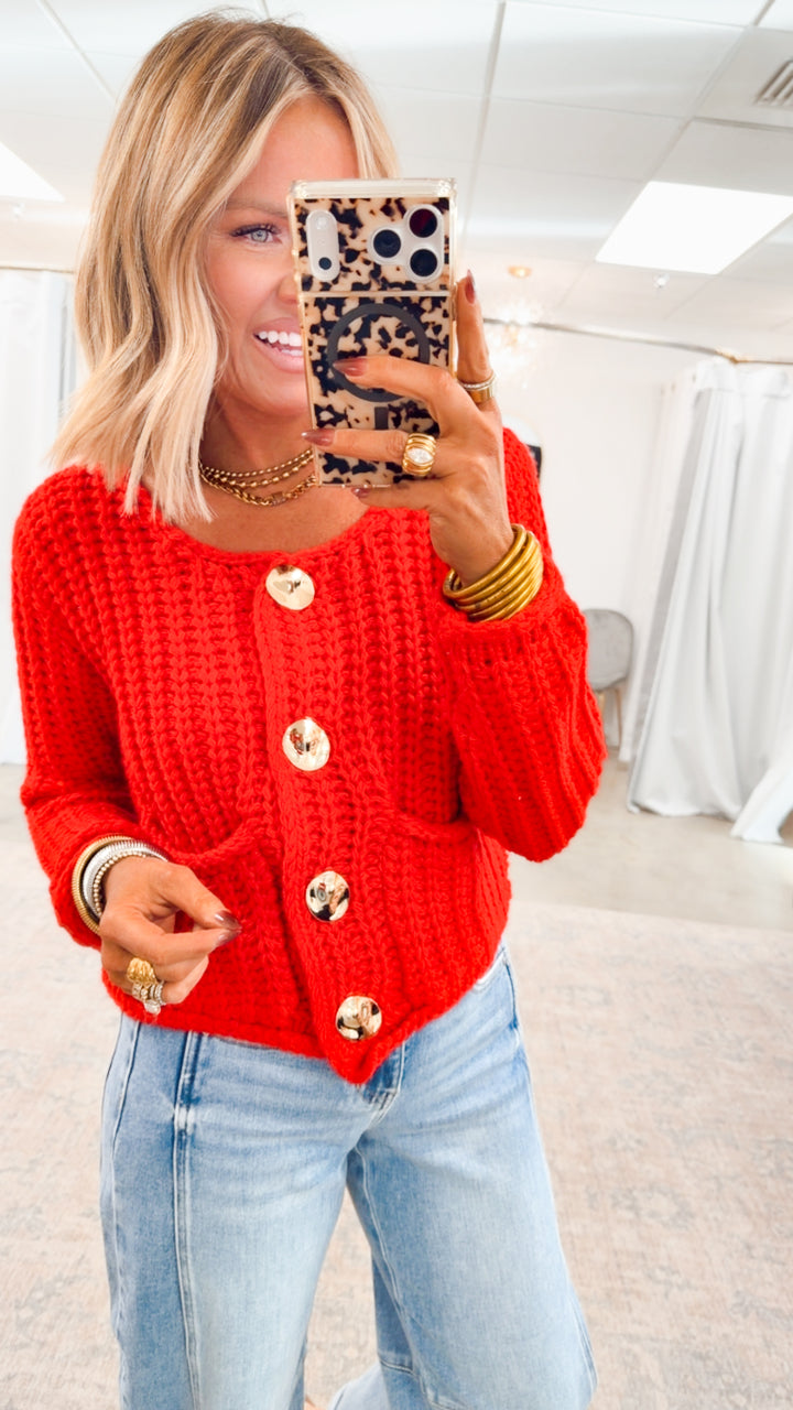 Callie Button Up Cardigan Top-Red