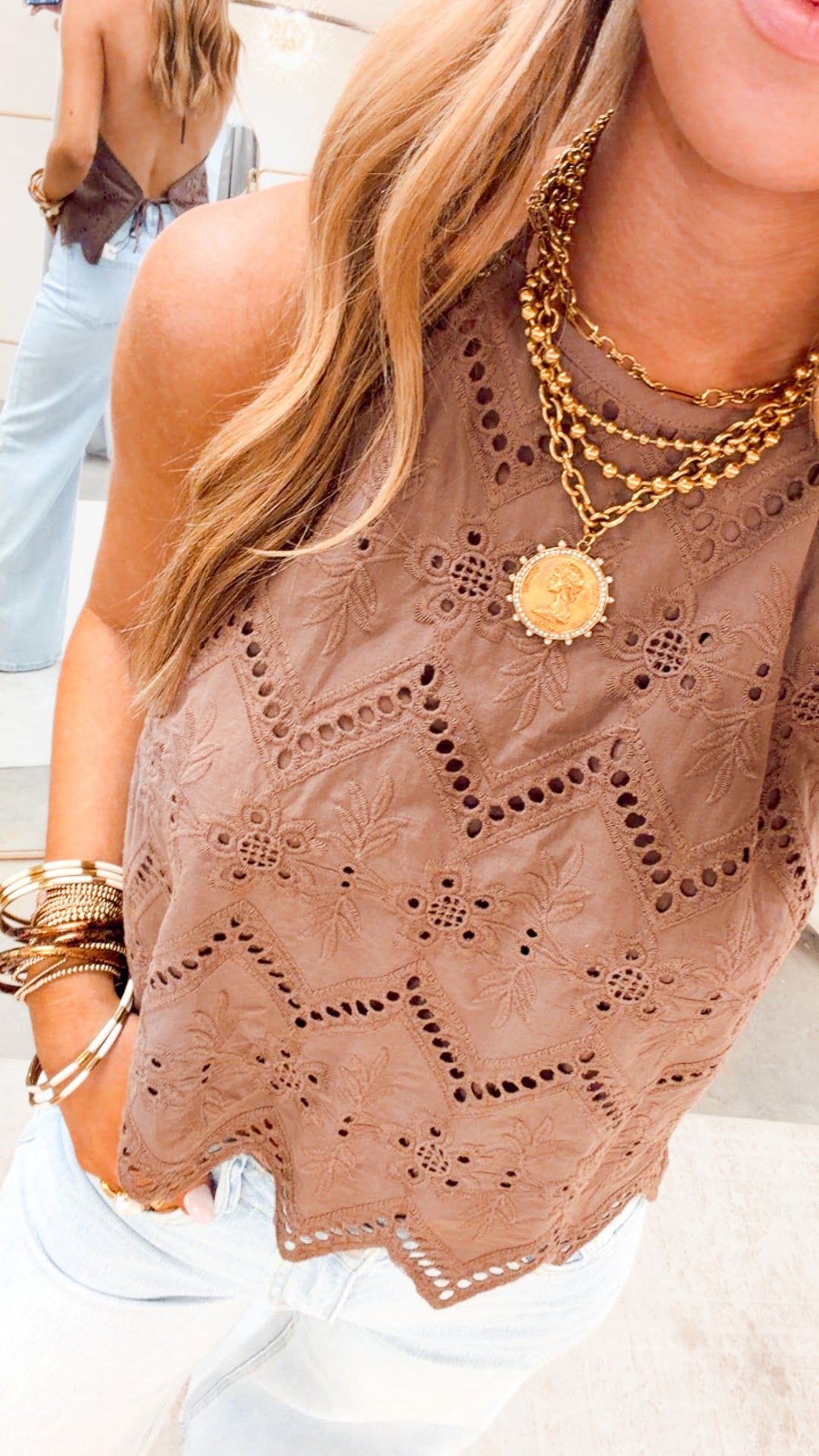 The Eyelet Breeze Halter Top-Iced Mocha