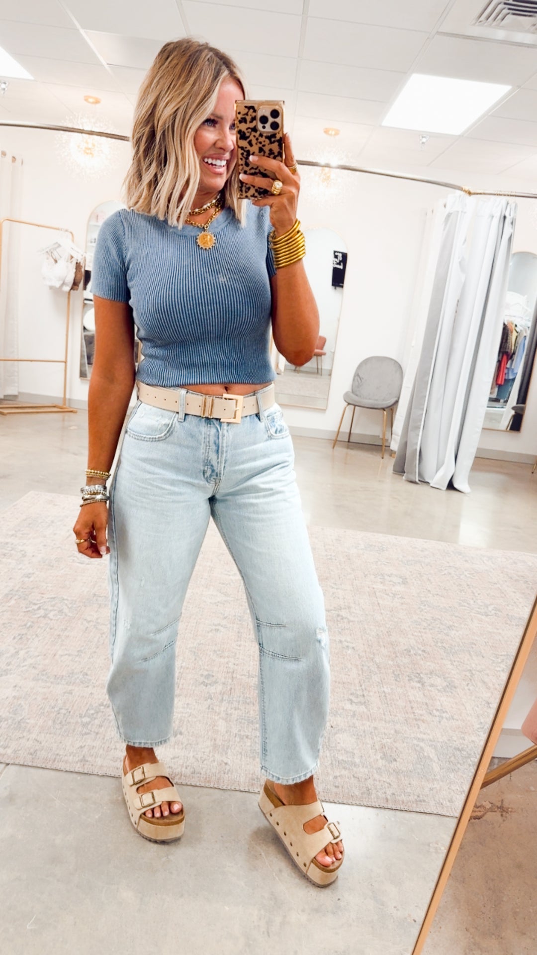 Washed Ribbed Cropped Tee-Slate Blue