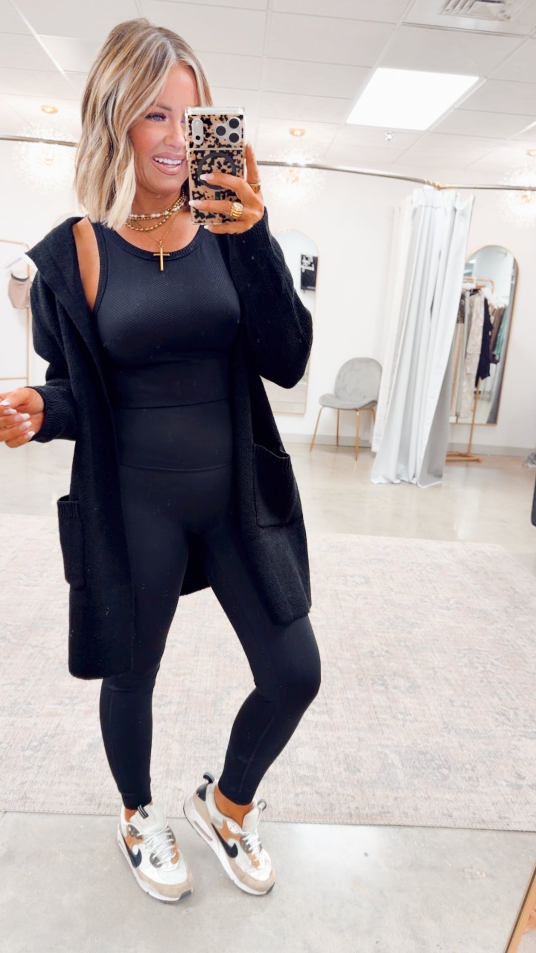 Hooded Open Front Sweater Cardigan-Black