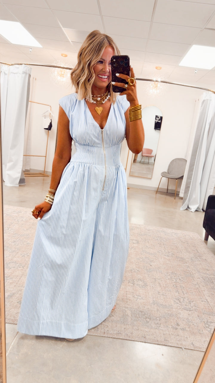 The Blue Bay Jumpsuit-Blue/White