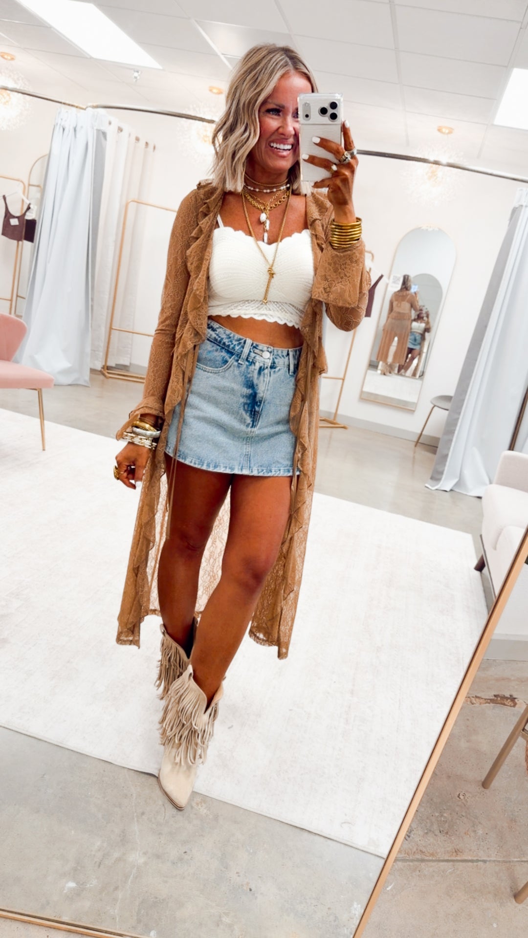Sheer Lace Ruffle Duster-Mocha