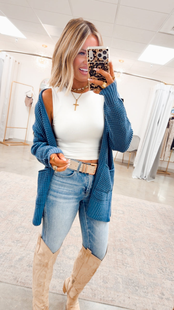 Dusty Blue Waffle Weave Cardigan