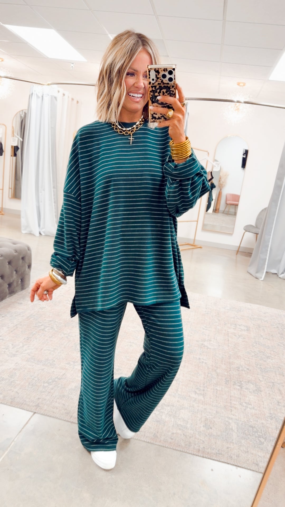 Lexi Striped Lounge Pants-Green/White