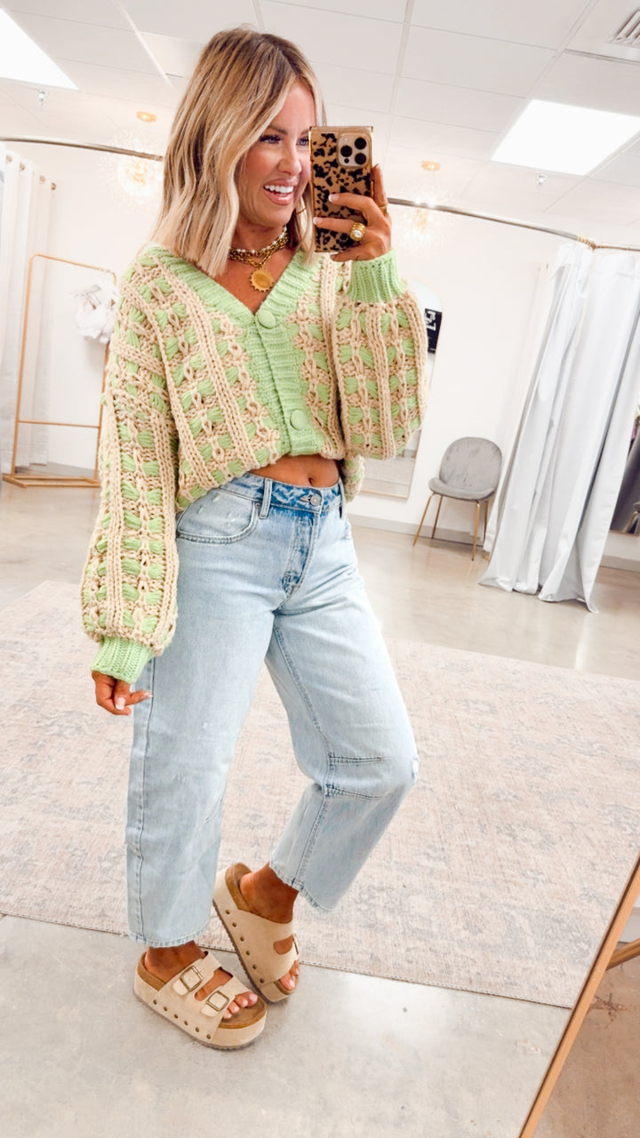 Chunky Lattice Cardigan-Green/Taupe
