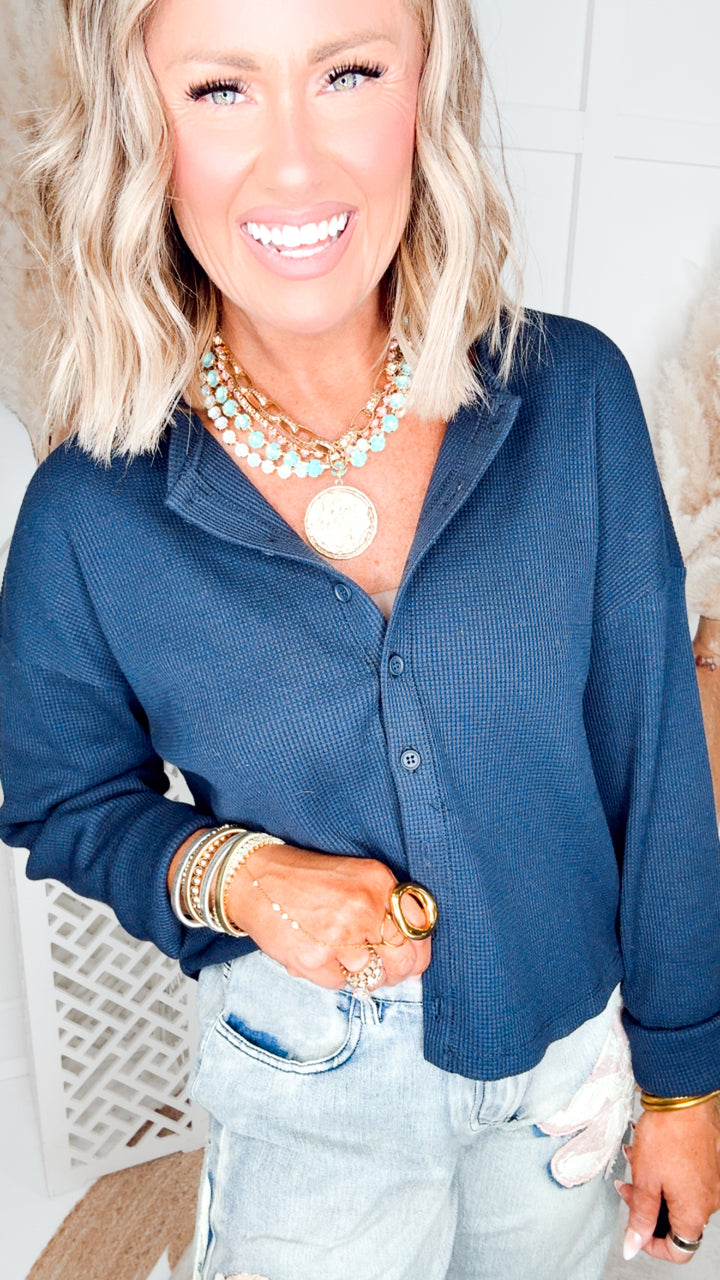 Waffle Daze Cardigan Top-Navy