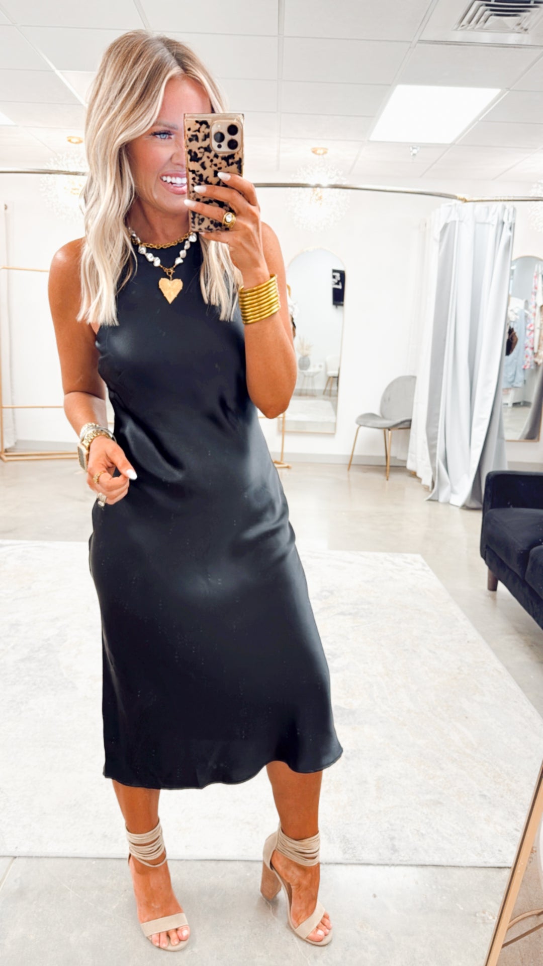 Satin Charm Midi Dress-Black