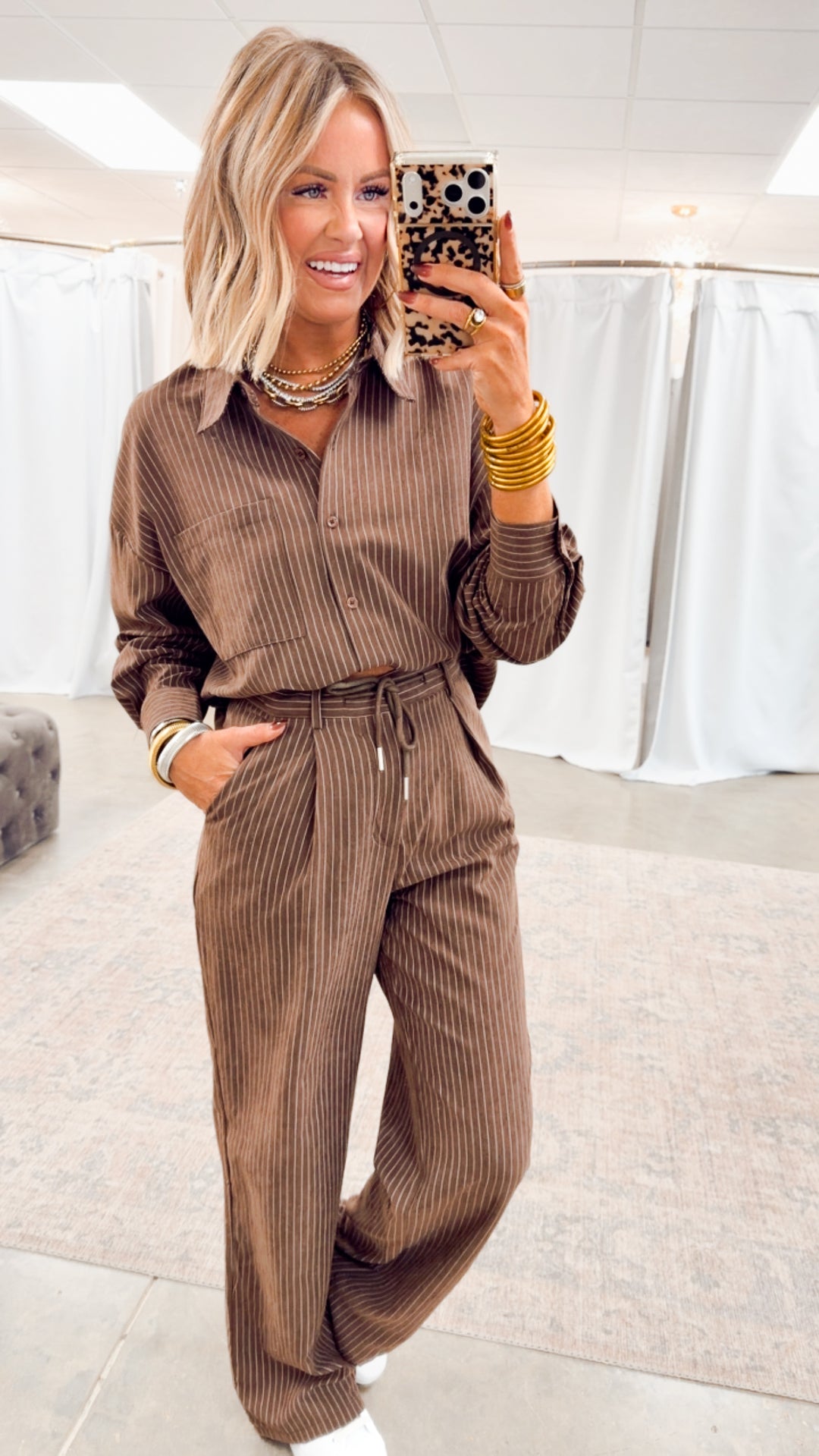 Lexi Pinstripe Top & Pants Set-Brown