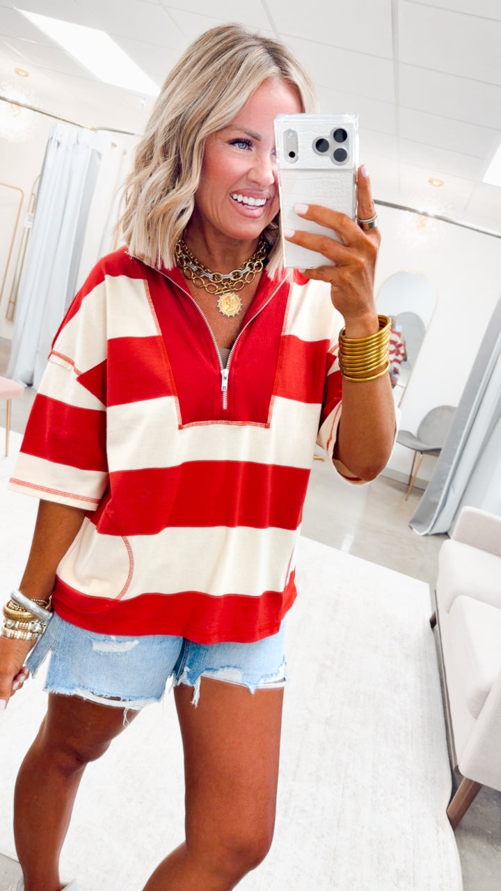 The Collins Half Zip Top-Red/Cream
