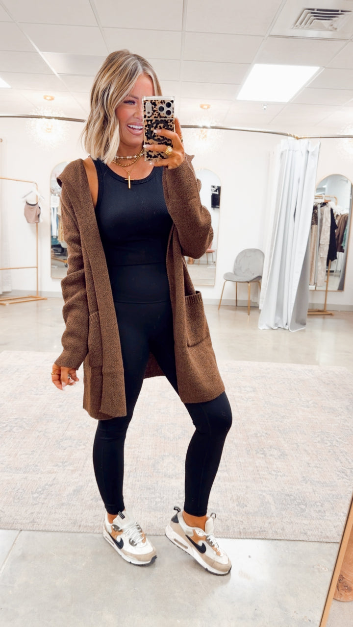 Hooded Open Front Sweater Cardigan-Brown