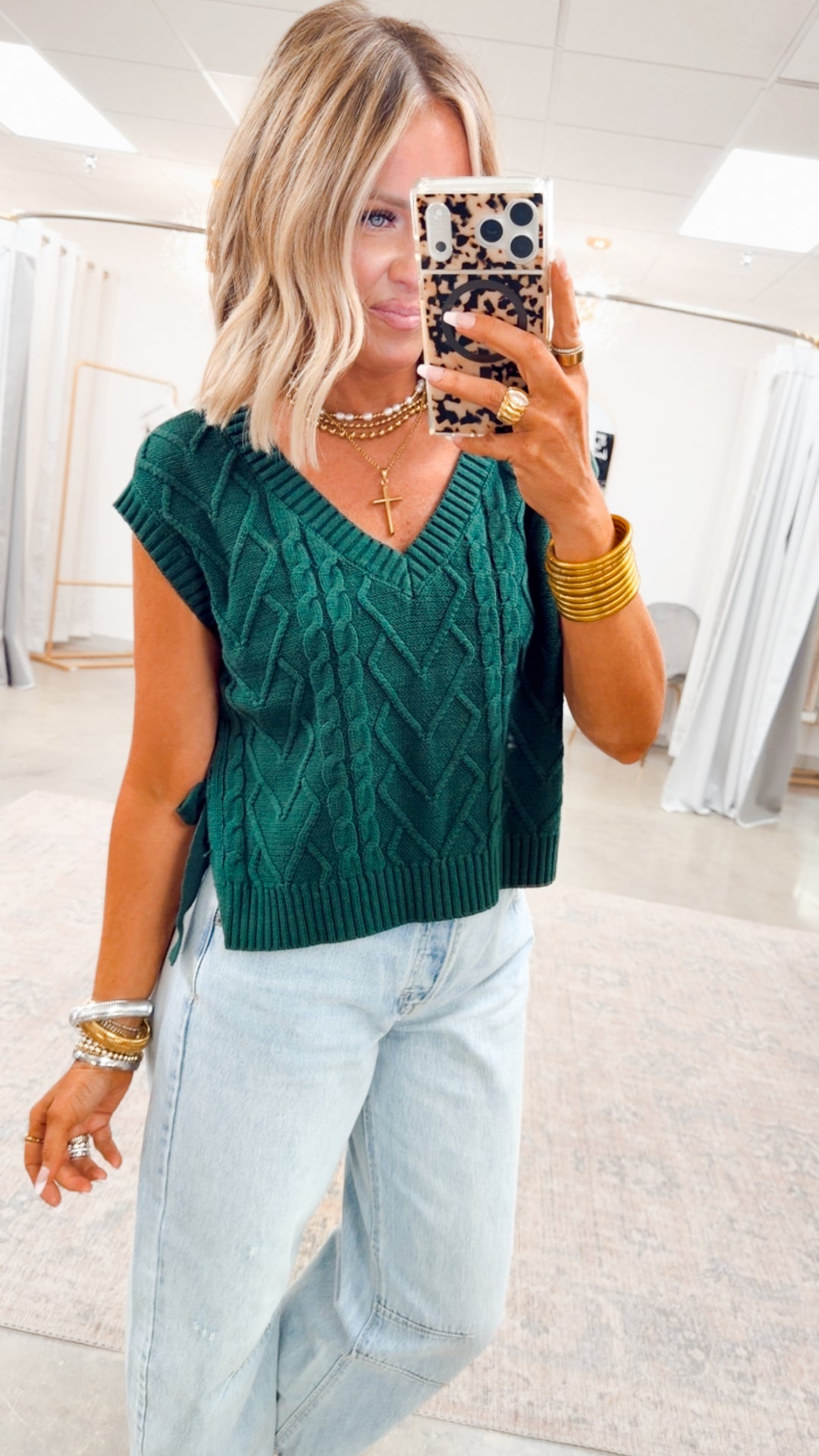 Lena Cable Knit Sweater Top-Green