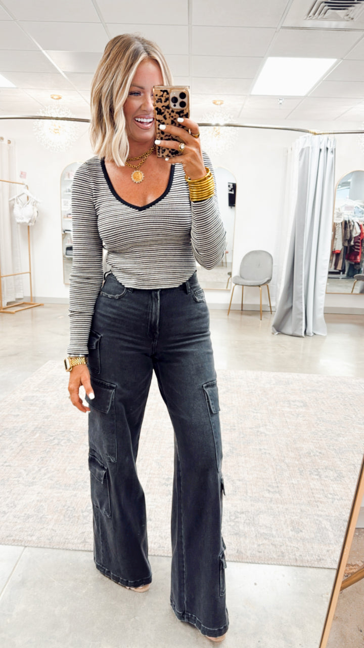 Lennox Striped V Neck Top-Black