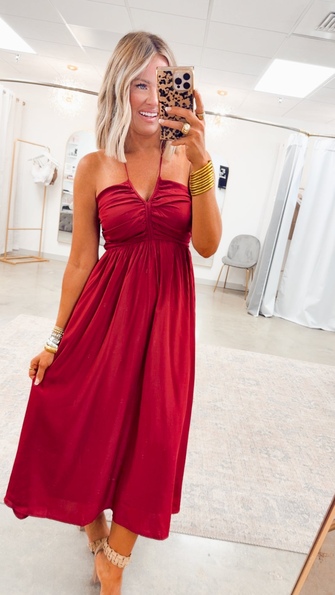 Anastasia Smocked Back Midi Dress-Wine