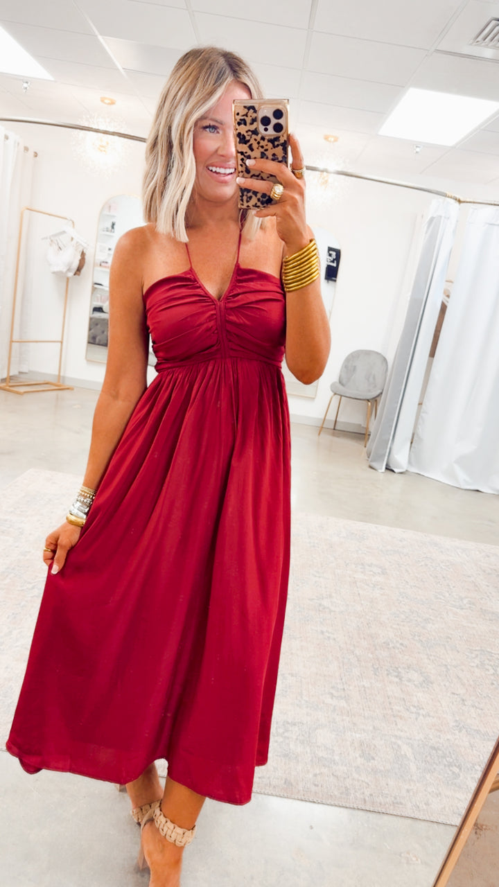 Anastasia Smocked Back Midi Dress-Wine