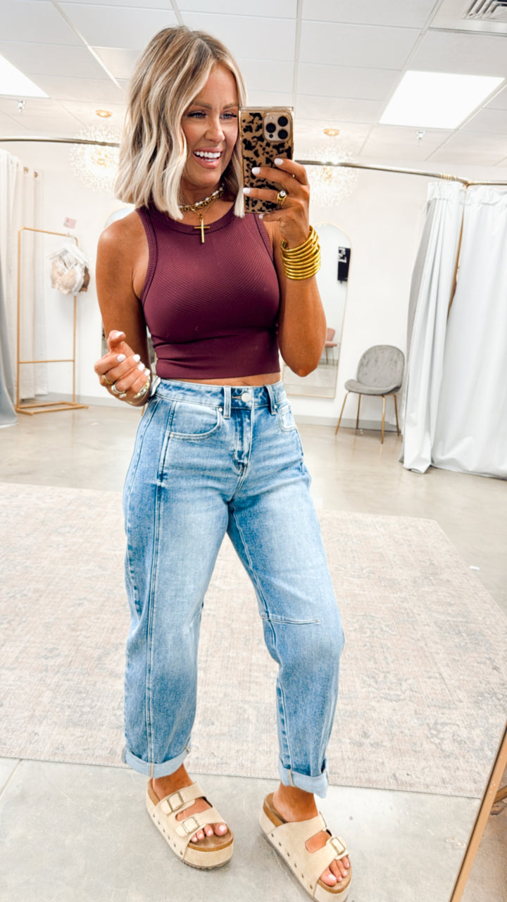 Basic Highneck Crop Top-Maroon