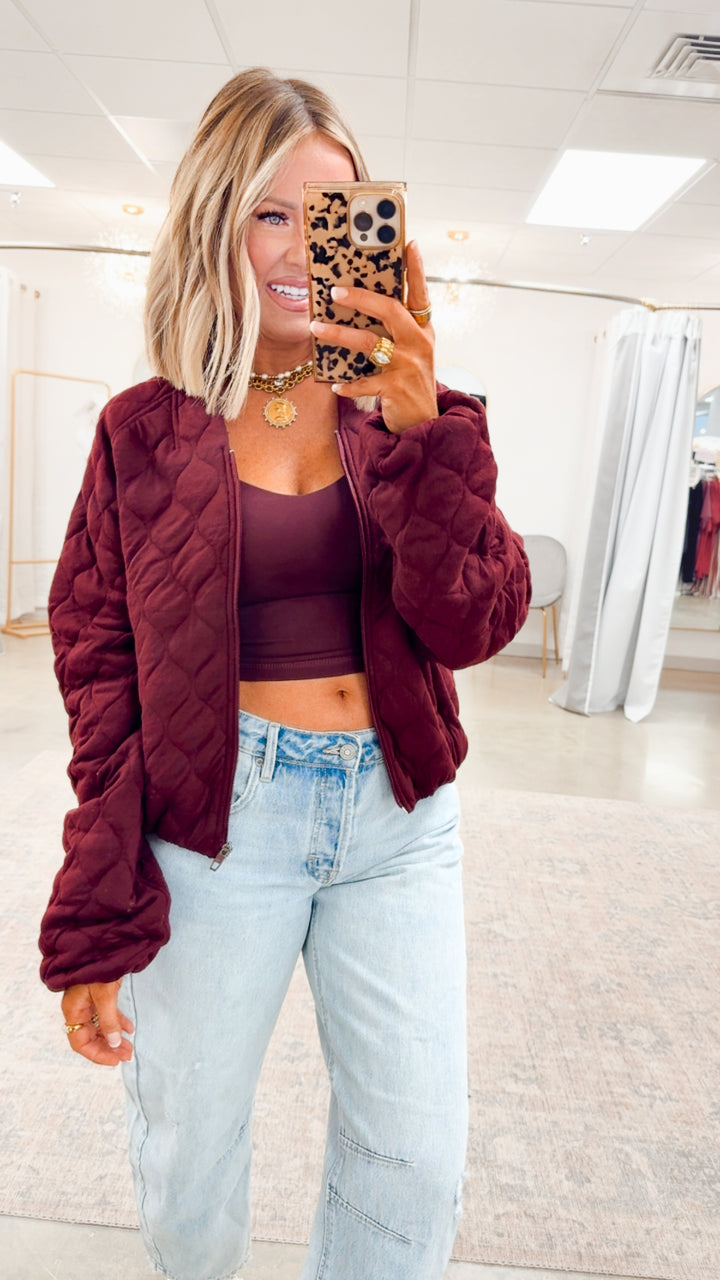 Naomi Quilted Bomber Jacket-Dark Cherry