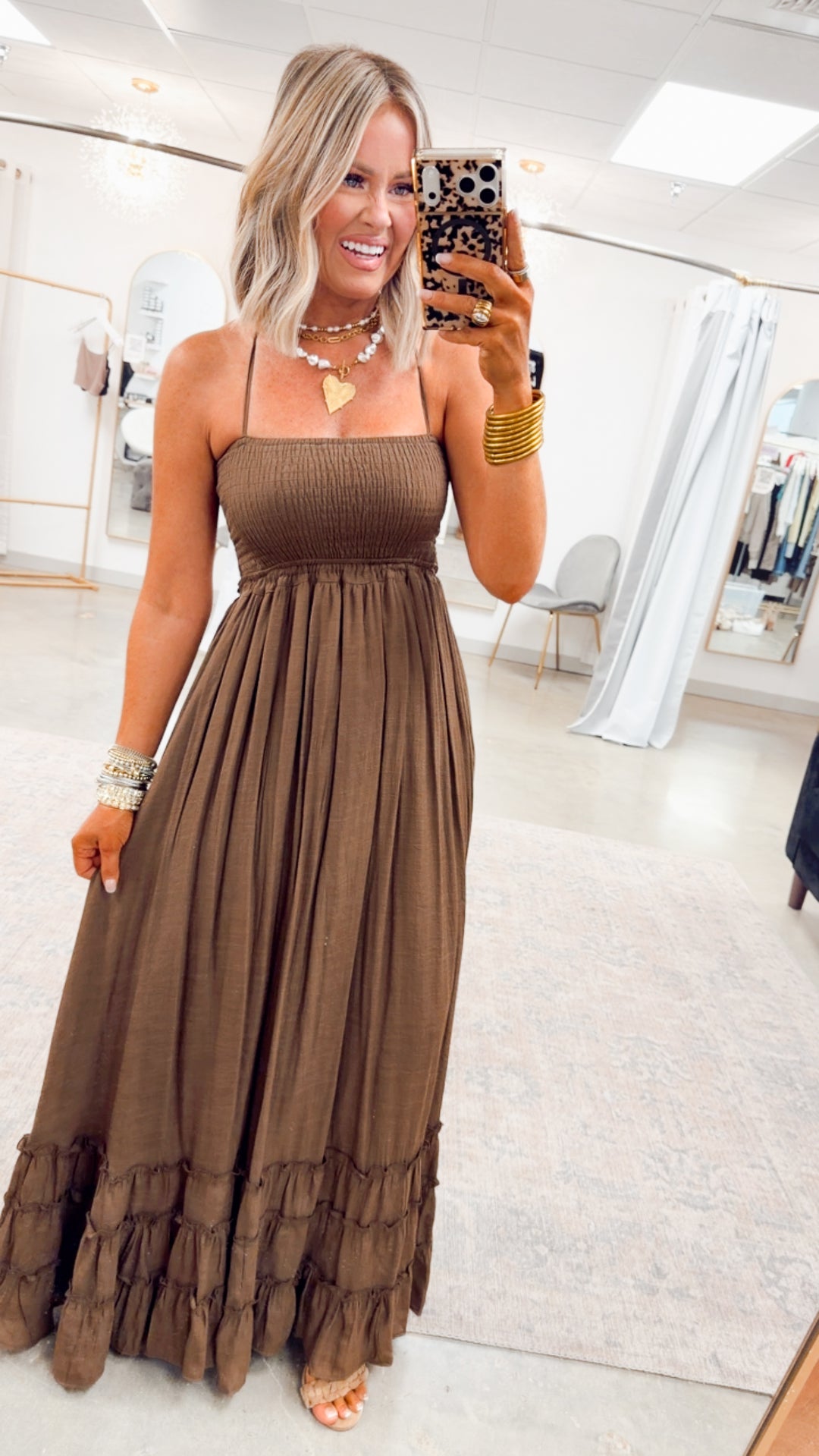 Viviana Smocked Halter Maxi Dress-Chocolate