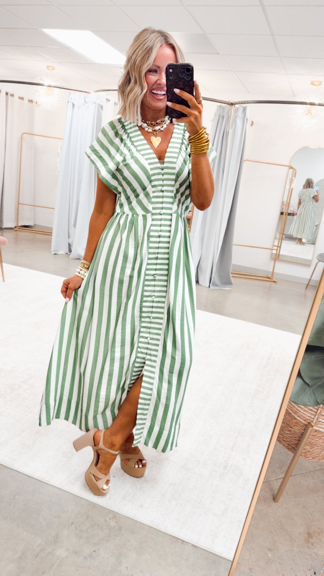 The Harbor Stripe Midi Dress-Green
