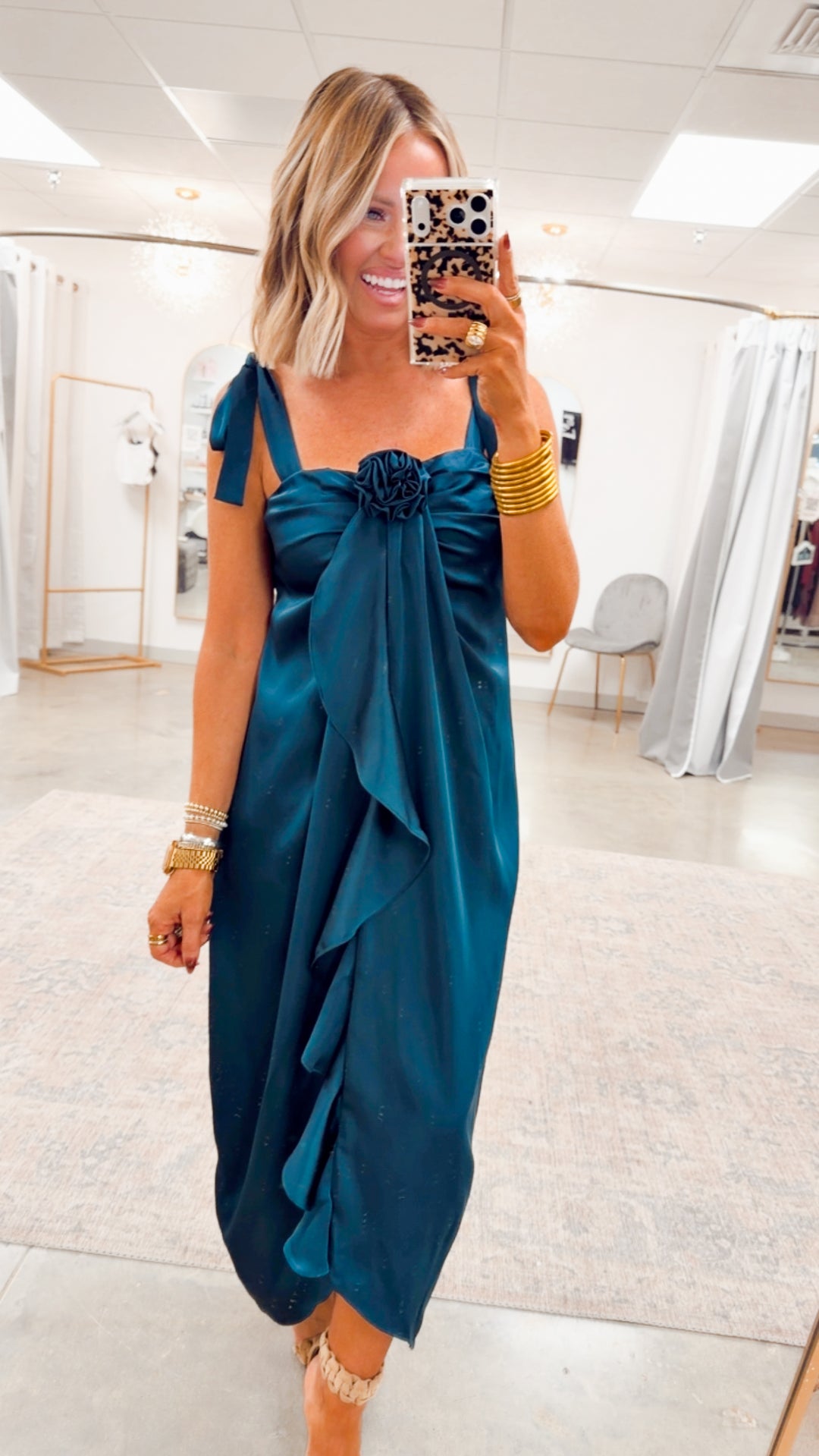 Amara Cascading Ruffle Dress-Teal Green