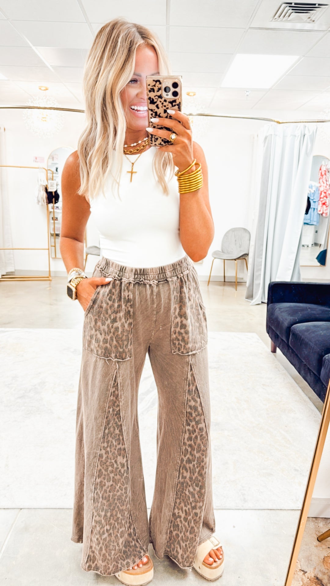 Mineral Washed Leopard Print Flare Pants