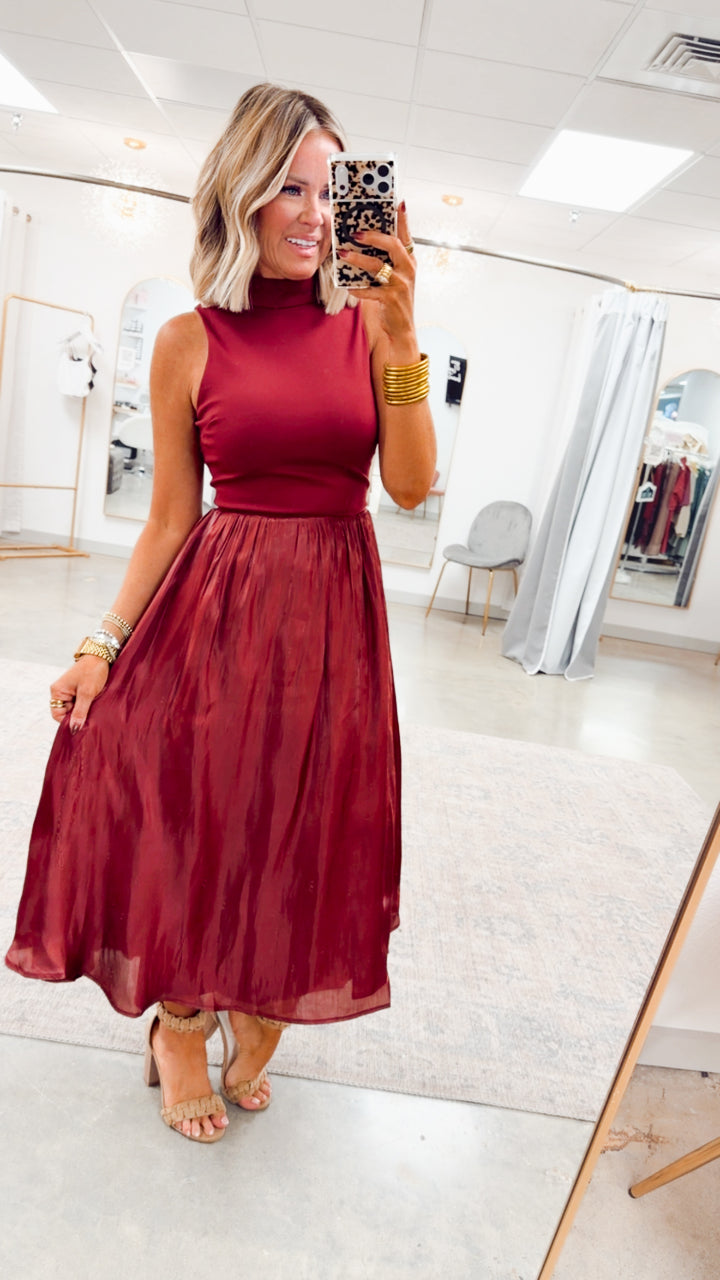 The Gilded Eve Midi Dress-Burgundy