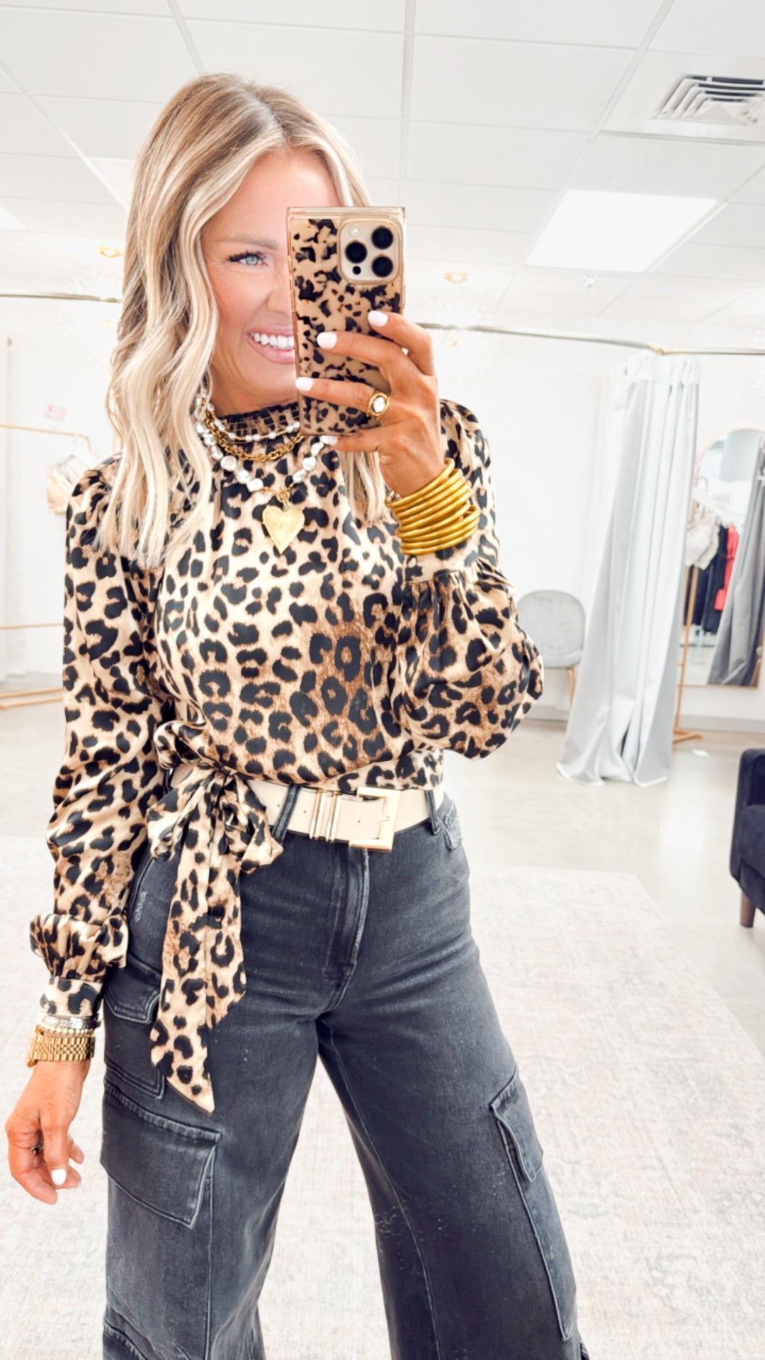Leopard Print Smock Neck Blouse